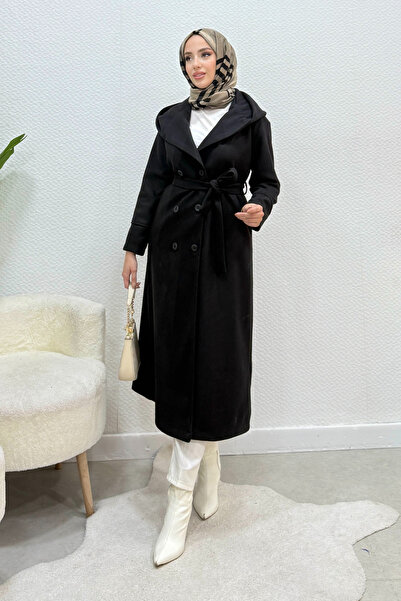 Tesettür Diyarı Arden Kapüşonlu Kuşaklı Tesettür Kaban- Siyah