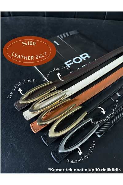 Fiori 5'li Hakiki Bombeli Deri Uzun Tokalı Ince Kadın Kemeri, Ceket Kemeri, G...