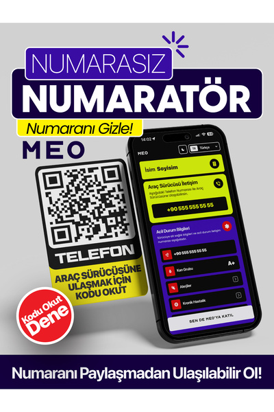 MEO Teknoloji Numarasız Numaratör - QR Kodlu Araç Numaratörü - Araç İçi Park Telefon Numarası (Dikey Etiket)