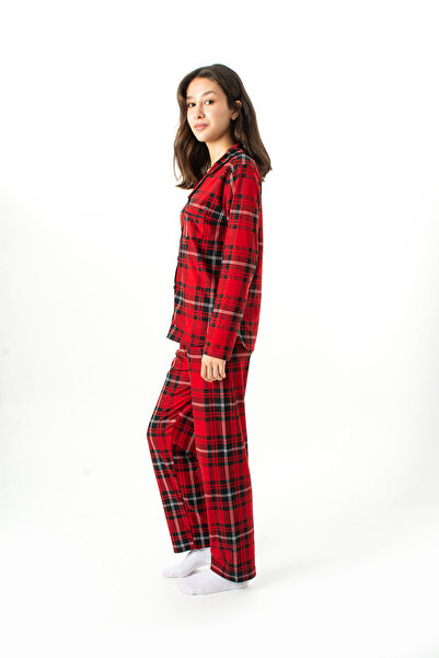 Ecrou Women's Red Plaid Pattern Peter Pan collar Long Sleeve Piped Pajama Sets