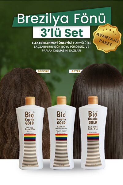 Bio Keratin Gold Kalıcı Brezilya Fönü 3'lü Set 700 Ml ( Keratin - Tuzsuz Şampuan - Saç Kremi )