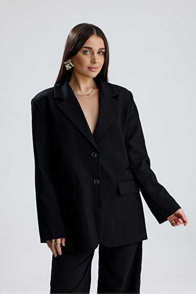 VAPUR TEKSTİL Üç Cepli Önü Düğmeli Oversize Blazer Ceket - Siyah
