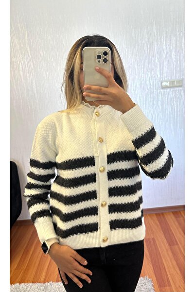 SHINE STYLE Kalın Çizgili Hırka Kemik-Koyu Antrasit
