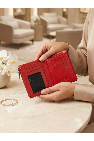 yedideri Hakiki Deri Fermuarlı Yumuşak Kırmızı Cüzdan