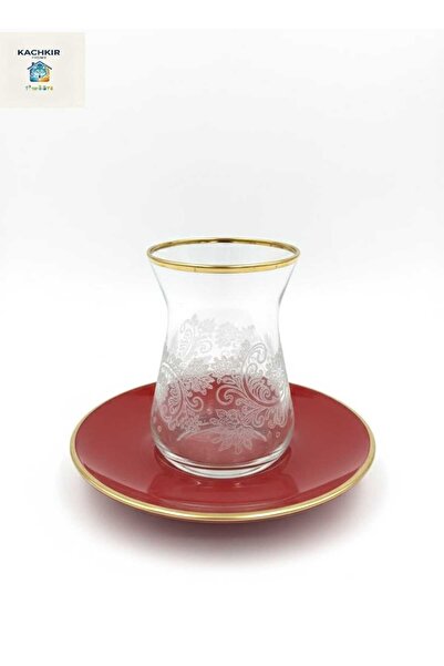 Pasabache Paşabahçe İnce Belli Heybeli Çay Seti Bardak Çeyiz Seti Kırmızı