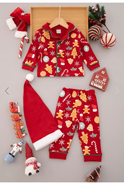 nazarbebe Unisex Kırmızı Yılbaşı Temalı 3’lü Bebek Pijama Takımı (6-24 Ay)