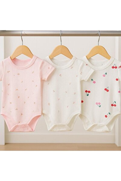 %100 Pamuk 3lü Çiçek Desenli Bebek Çocuk Kısa Kol Body