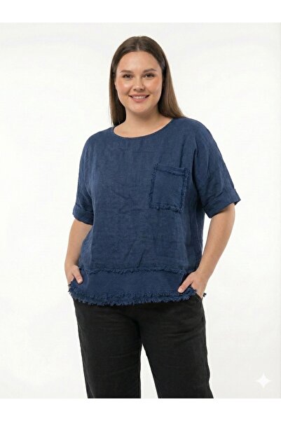 della moor Bluză casual din in, cu mâneci 4/3, cu ciucuri, albastru bleumarin