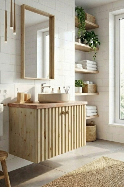 AdnDesing Banyo Dolabı-Asma 2 Kapaklı-Lavabolu Ahşap Masif Ladin Çam- 60 Cm-A...