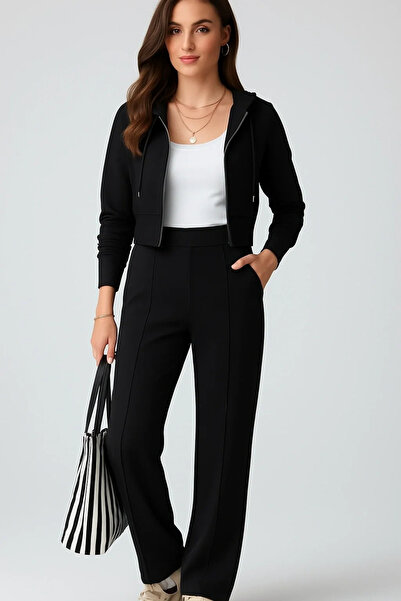 bysoca Set de trening pentru femei din țesătură modală neagră cu cu glugă fer...