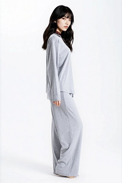 Ecrou Γυναικείο σετ πιτζάμες με μακρυμάνικο παντελόνι με υφή πλέξη ριμπ από την Seoul, γκρι μελανζέ