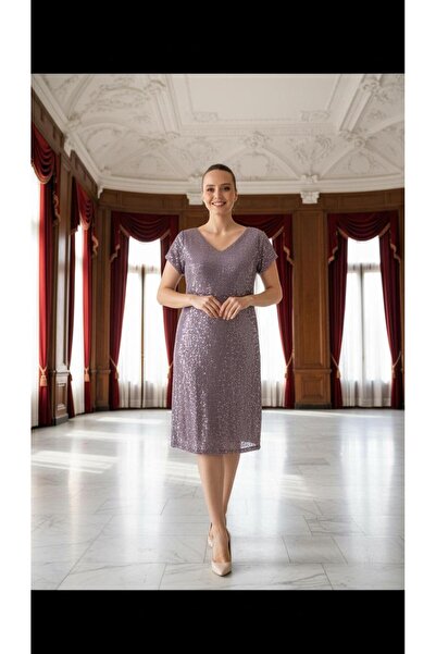 Nidya Moda Büyük Beden Kadın Lila Payet Desen V Yaka Vako Abiye Elbise-4035pll