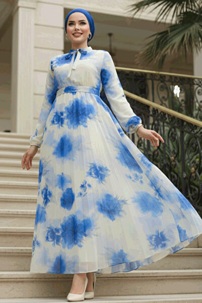 Neva Style Patterned Blue Hijab Dress 50356M