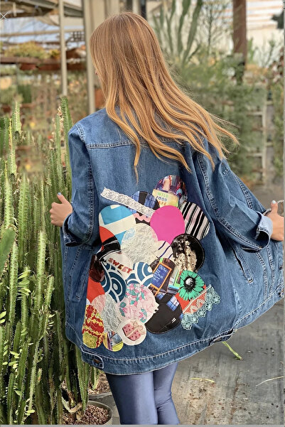 poupee سترة نسائية من الدنيم بمقاس كبير، وسترة من الدنيم ذات تصميم مفصل باللون الأزرق بمقاسات كبيرة