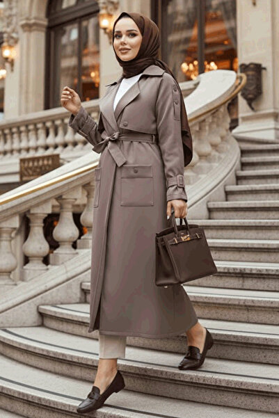 N.S NEVA STYLE Trench Hijab bej-gri cu centură 10701KV