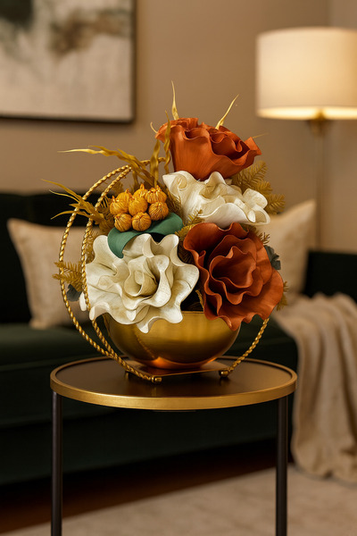 İSHTAR DEKOR LÜKS SEPET MODEL - LATEX ARANJMAN - METAL GOLD SAKSI