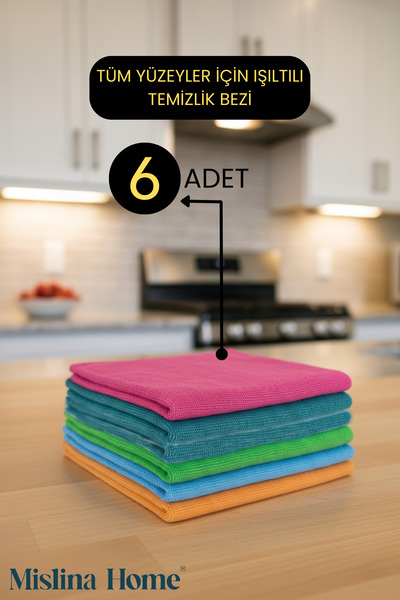 Mislina Home Mikrofiber Çok Amaçlı Genel Temizlik Bezi 6’lı Set 40x40cm – Renkli Mutfak Ev Araba Bezi