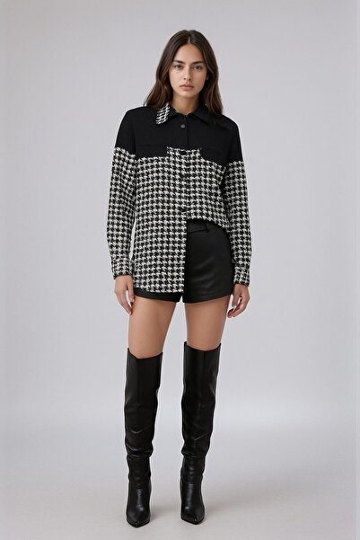 MAMAYAGA Kadın Desen Bloklu Oduncu Oversize Bol ve Geniş Kalıp Casual Cepli Yakalı Ceket Gömlek