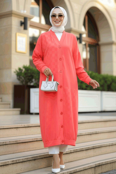 Neva Style غطاء حجاب بأزرار بلون مرجاني - 15161MR