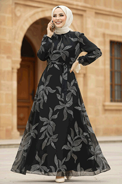 Neva Style Yaprak Desenli Siyah Tesettür Elbise 279310S