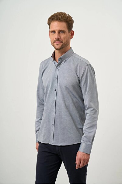 Morven Πουκάμισο με γκρι γιακά με κουμπιά, εύκολο στο σιδέρωμα, βαμβακερό Oxford εφαρμοστό