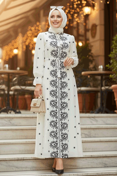 Neva Style Beige Print Hijab Dress - 13503Beige