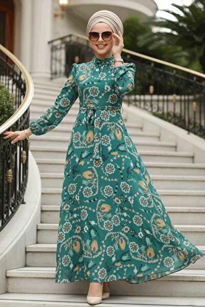 Neva Style Çiçek Desenli Yeşil Tesettür Elbise 279326Y
