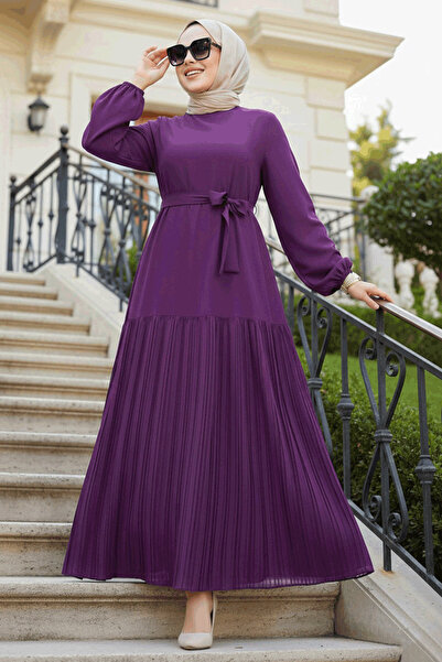Neva Style Rochie Hijab Prune cu tiv plisat 23771MU
