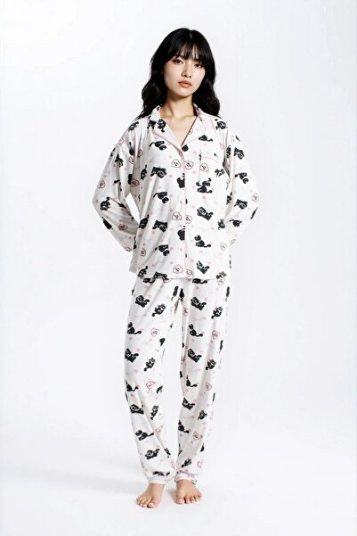 Ecrou Γυναικείο σετ πιτζάμα με μακρυμάνικο παντελόνι με υφή Ecru Cat Report πλέξη ριμπ Seoul