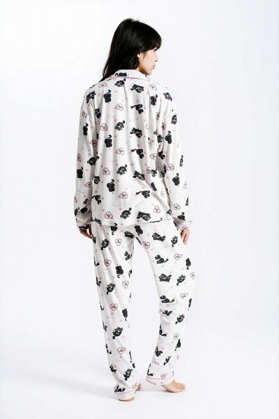 Ecrou Γυναικείο σετ πιτζάμα με μακρυμάνικο παντελόνι με υφή Ecru Cat Report πλέξη ριμπ Seoul