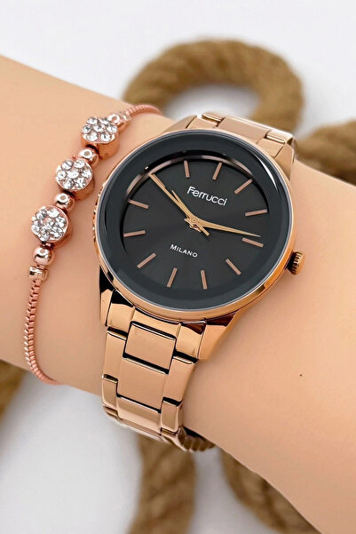 Ferrucci Rose Gold-Black Women's Wristwatch - Stylish Steel Band & Case, Orig...