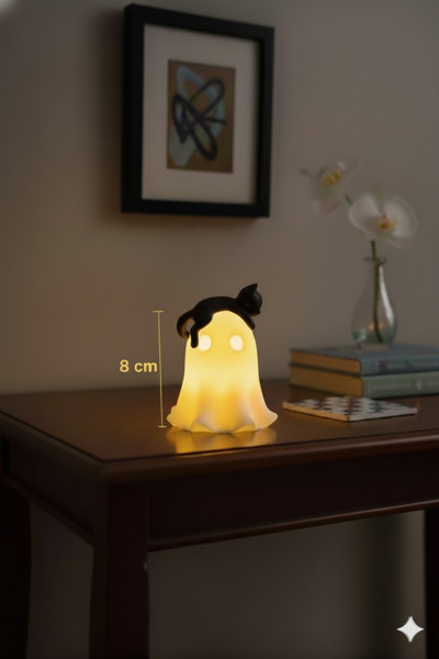 Atsutech Dekoratif Kafasında Kedi Figürlü Işıklı Hayalet- Tealight- Pilli mum