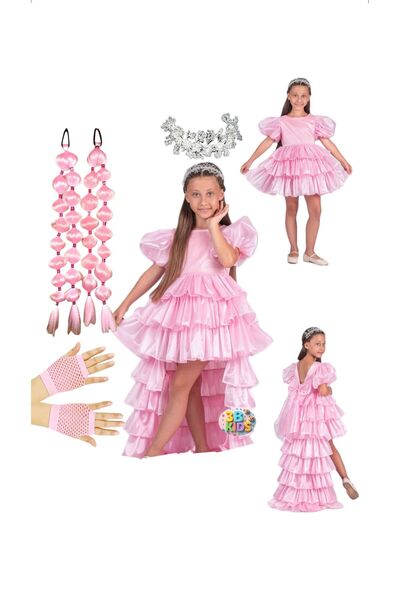 3b kids pembe arkası çıtçıtlı kabarık kat kat katlı mezuniyet düğün abiye doğ...