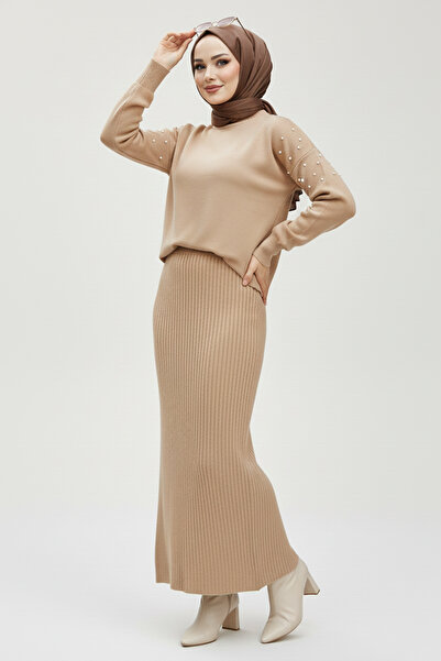 benguen طقم جيليه تريكو من فرو المنك موديل 6109 - مزين باللؤلؤ