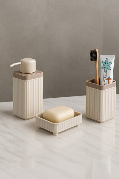 Sas Haus Lines Serisi Banyo Seti, 3 Parça Oval Akrilik Sabunluk Fırçalık ve Sıvı Sabunluk Takımı - 3319