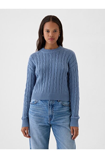 GAP Kadın Mavi Cable Örgü Crop Kazak