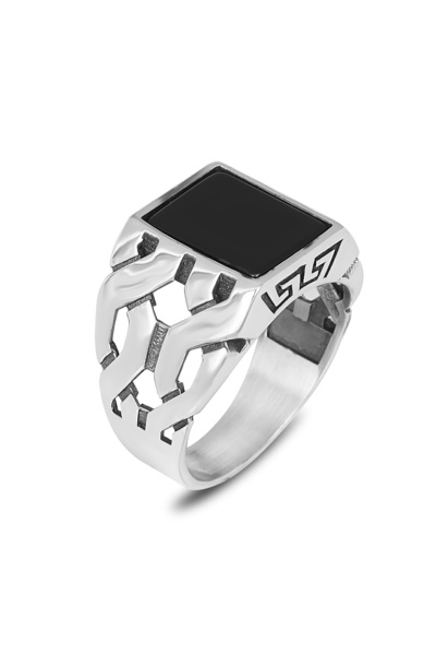 Mirari Jewelry Oniks Taşlı Küba Örgü Model Erkek Yüzük | Premium 0,40 Mikron ...