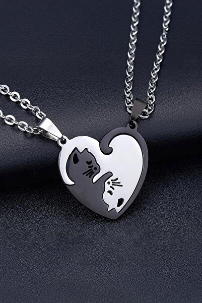 Köstebek Kalp Şeklinde Ying Yang Cats Çift Kolye