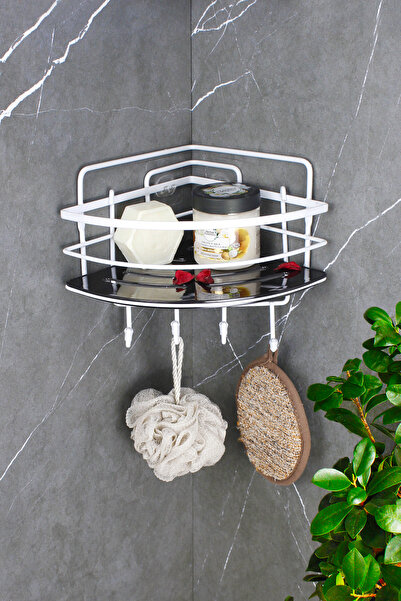 HIMYHOME حامل شامبو أبيض مع رف كريستالي من الفولاذ المقاوم للصدأ ورف منظم للحمام