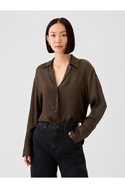 GAP Kadın Kahverengi Relaxed Saten Gömlek