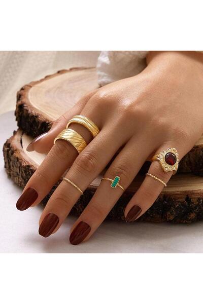 Pursehuit Set de 6 inele, aurii cu piatră roșie, Majbrit C3