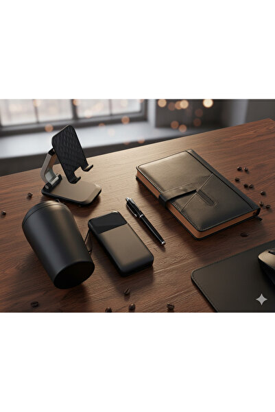 Hsn طقم مكتبي فاخر أسود 5 قطع – دفتر، كوب قهوة، باور بنك، حامل جوال، وقلم