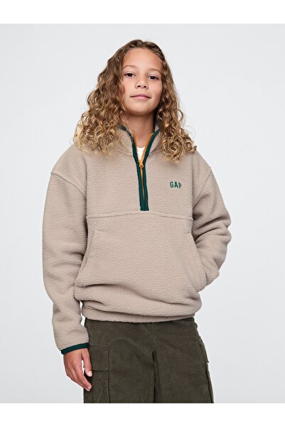 GAP Erkek Çocuk Bej Gap Logo Yarım Fermuarlı Sherpa Sweatshirt