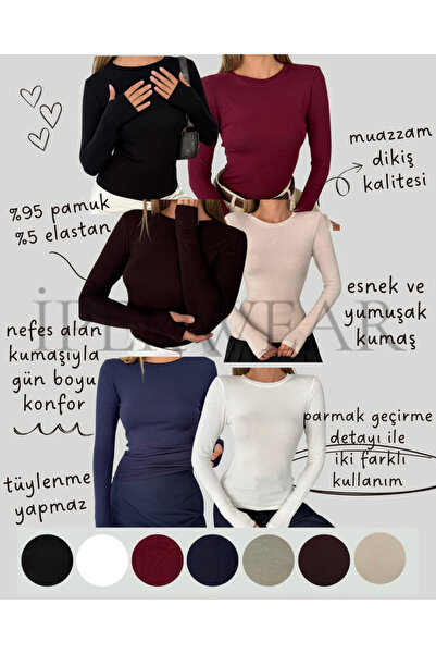 Butik بلوزة نسائية ذات ياقة دائرية مصنوعة من القطن بنسبة 95% قماش قابل للتمدد بأكمام طويلة