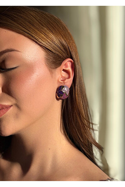 lesuvera Vintage Gold Yuvarlak Büyük Çiçiek Desenli Şık Mor Renkli Küpe