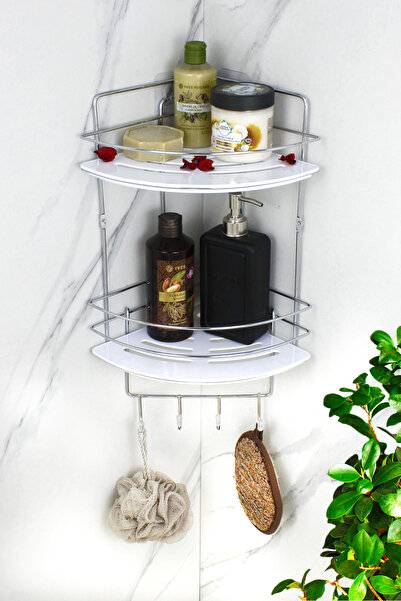 HIMYHOME رف شامبو ذو زاوية سلكية مزدوجة من الكروم مع رف كريستال لاصق للحمام / رف