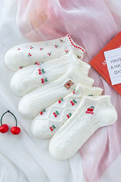 ÇORAP GROSS Kadın Soft 5'Li Set Organik Pamuk Patik Çorap Kiraz Desenli Premium Kalite