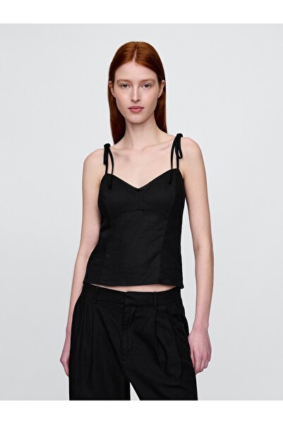 GAP Kadın Siyah Keten Karışımı Bağcıklı Cami Bluz