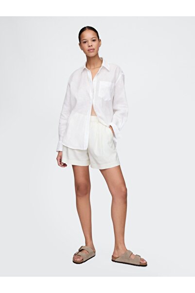 GAP Kadın Beyaz High Rise Keten Karışımlı Şort