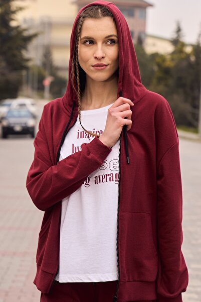 defys Жіночий оверсайз-светр з капюшоном і блискавкою, бордовий